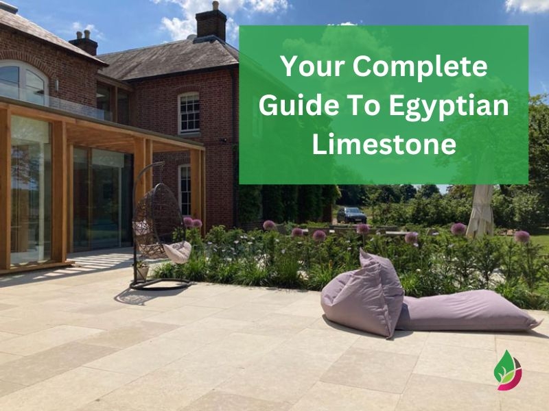 sunny egyptian limestone garden terrace with caption introducing your complete guide to egyptian limestone