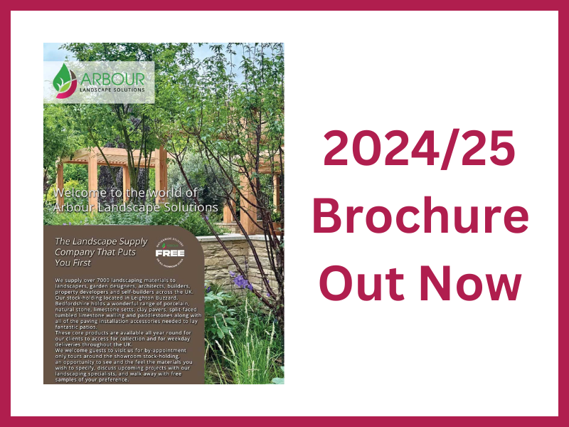 bright green banner with image of new paving brochure from Arbour Landscape Solutions