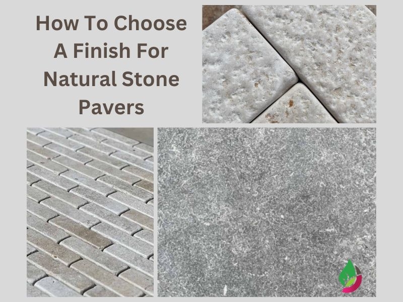 photo collage showing three examples of natural stone finishes for pavers and setts