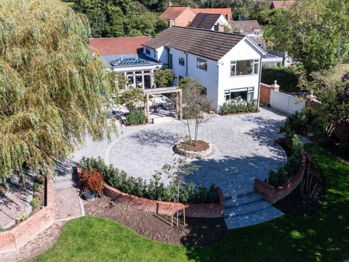 large country garden with circular driveway